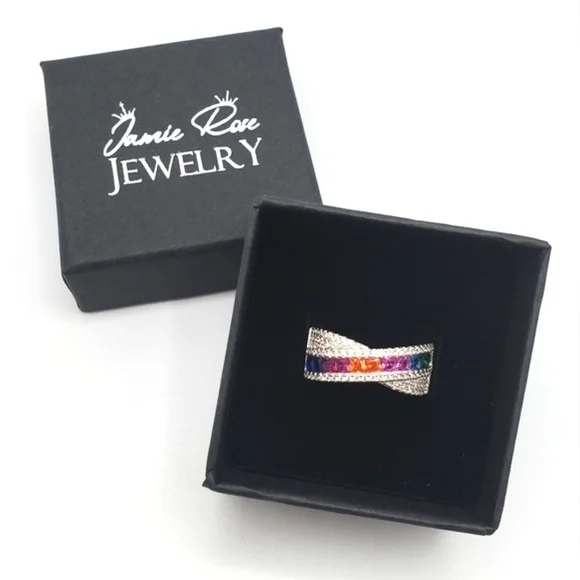 Princess Cut Multicolor Rainbow 925 Sterling Silver Multicolor CZ Twist Ring! - Picture 2 of 8